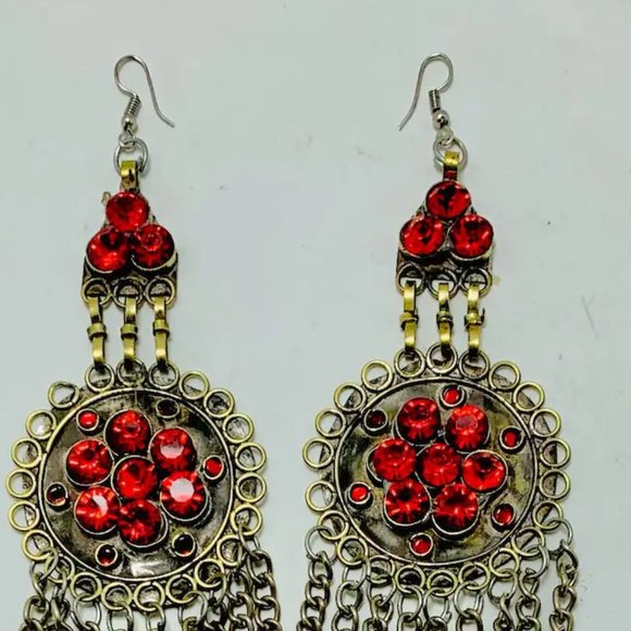 Kuchi Red Dangle Earrings, Massive Ethnic Afghan Earrings, Kuchi Tribal Jewelry - Picture 4 of 10